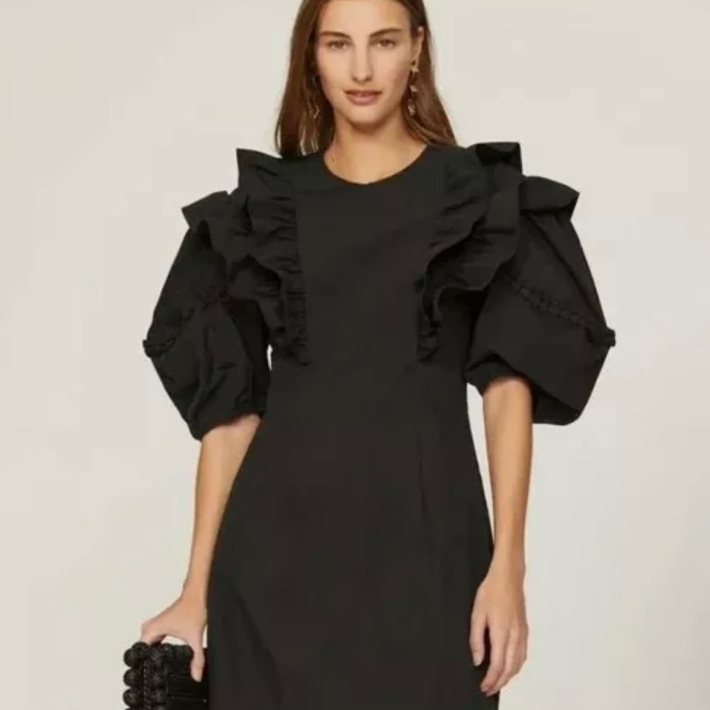 NWT Rhode VARJA DRESS MINI SILK LINEN LACE PUFF SLEEVE LINEN BLACK SIZE 6
